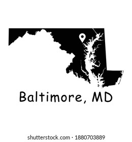 Baltimore on Maryland State Map. Detailed MD State Map with Location Pin on Baltimore City. Black silhouette vector map isolated on white background.