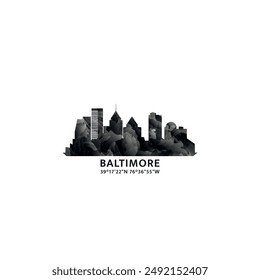 Baltimore panorama, vector badge, skyline logo and icon. USA, Maryland state city horizon logotype with landmarks and building silhouettes. Isolated foggy abstract gradient graphic