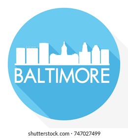 Baltimore Skyline Button Icon Round Flat Vector Art Design Color Background.