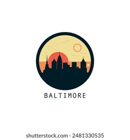 Baltimore skyline, downtown panorama logo, logotype. USA, Maryland state round badge contour, isolated vector vintage pictogram with monuments, landmarks