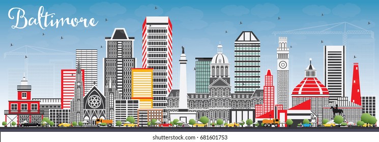 Baltimore Skyline with Gray Buildings and Blue Sky. Vector Illustration. Business Travel and Tourism Concept with Modern Architecture. Image for Presentation Banner Placard and Web Site.