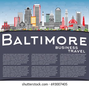 Baltimore Skyline with Gray Buildings, Blue Sky and Copy Space. Vector Illustration. Business Travel and Tourism Concept with Modern Architecture. Image for Presentation Banner Placard and Web Site.