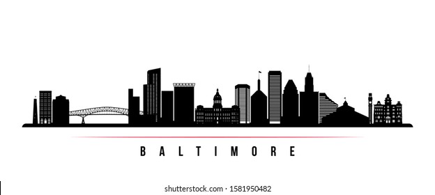 Baltimore skyline horizontal banner. Black and white silhouette of Baltimore, Maryland. Vector template for your design. 