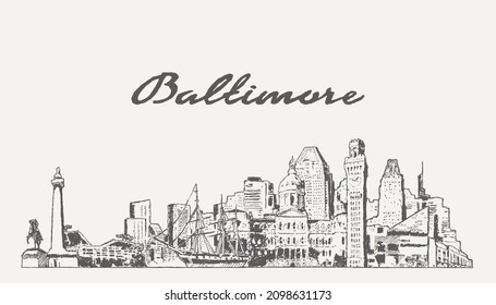 Baltimore skyline, Maryland, EE.UU., ilustración de vector dibujada a mano, boceto