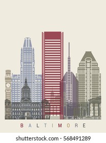 Baltimore skyline poster in editable vector file