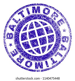 BALTIMORE stamp print with grunge texture. Blue vector rubber seal print of BALTIMORE text with dust texture. Seal has words arranged by circle and planet symbol.