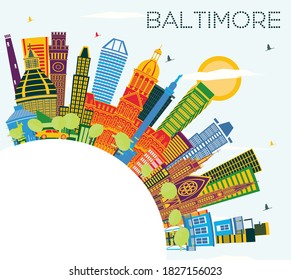 Baltimore USA Maryland City Skyline with Color Buildings, Blue Sky and Copy Space. Vector Illustration. Business Travel and Tourism Concept with Modern Architecture. Baltimore Cityscape with Landmarks