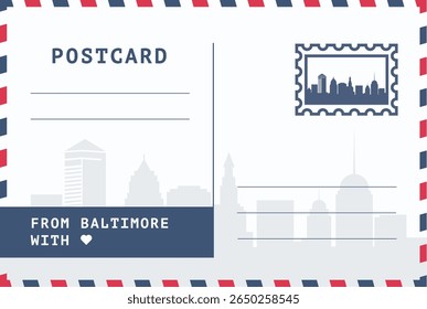 De Baltimore, EUA modelo de cartão postal. Ilustração de cartão-postal vetorial com carimbo, ponto de referência, mensagem. Layout de imagem simples de saudações simples