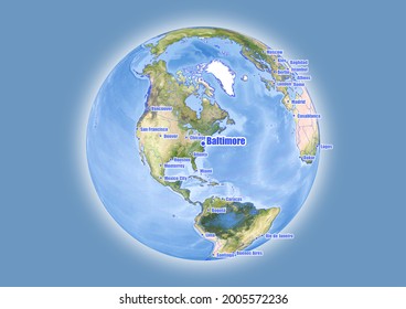 Baltimore-United States of America is shown on vector globe map. The map shows Baltimore-United States of America 's location in the world.
