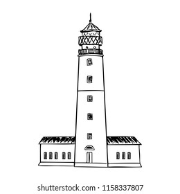 Baltiysk Lighthouse, Landmark Kaliningrad region, Russia, hand drawn ink vector illustration sketch, engraving tower of vintage style, decorative building for design touristic card, template house
