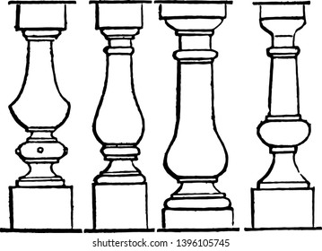 Baluster line short equal distances cornice coping swelling vintage line drawing or engraving illustration.