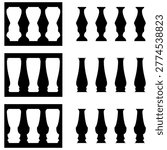 Baluster vector silhouettes architectural railing spindles minimalist staircase design elements for construction woodturning and interior decor projects isolated black and white flat vector graphics.