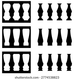 Baluster vector silhouettes architectural railing spindles minimalist staircase design elements for construction woodturning and interior decor projects isolated black and white flat vector graphics.