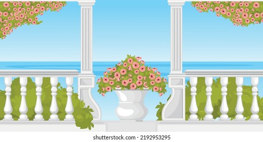 Balusters column terrace balcony composition with outdoor view of sea coast with flower vase and architecture vector illustration