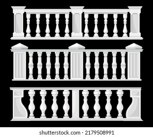 Balusters set with three isolated views of classic white stone fence with ornate columns on black vector illustration