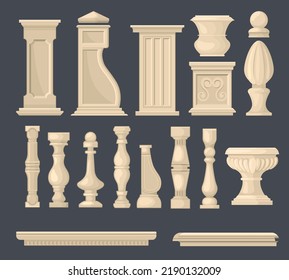 Balusters vase column set with isolated images of ornate pieces of classical architecture colored in brown vector illustration