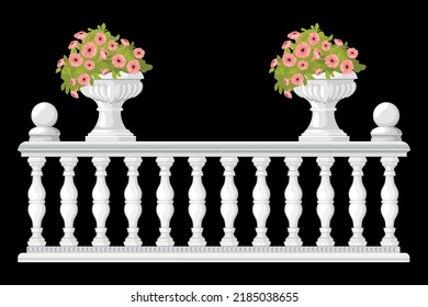 Balusters vase flowers composition with isolated view of medieval style fence with pots on black background vector illustration