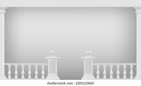 Balustrade antique white fence columns and copy space realistic vector illustration. Marble ancient decor balcony porch terrace architectural border. Roman pillar construction with entrance banister