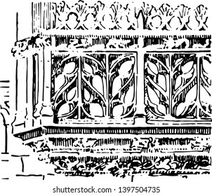 Balustrade Flamboyant balustrade Chateau of Josselyn Gothic Ornament ClipArt gallery vintage line drawing or engraving illustration.