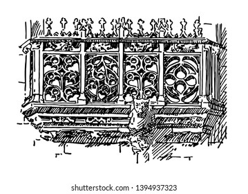 Balustrade Flamboyant French Gothic Chateau of Josselyn frameless glass vintage line drawing or engraving illustration.