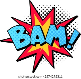 Bam comic explosion bursting with energy, featuring a star shape and vibrant halftone dots, perfect for enhancing comic and cartoon themed projects with dynamic visual impact