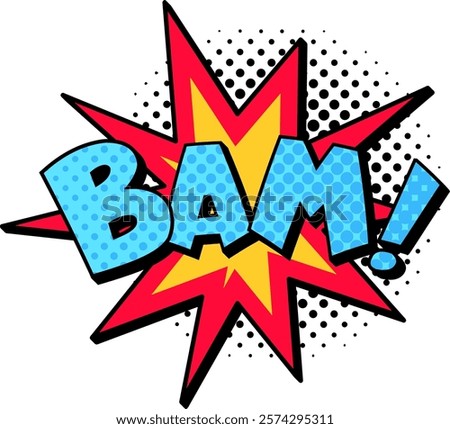 Bam comic explosion bursting with energy, featuring a star shape and vibrant halftone dots, perfect for enhancing comic and cartoon themed projects with dynamic visual impact