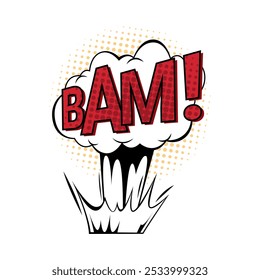 Bam comic sound speech bubble expression for character drawing. Vector isolated icon cloud from explosion, bright dynamic cartoon with text. Thought bubble with onomatopoeia effect, pop art