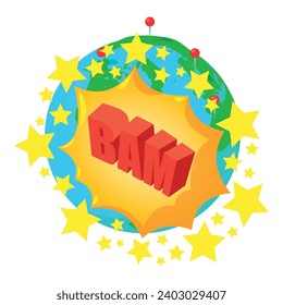 Bam icon isometric vector. Planet earth and speech bubble with inscription bam. Comic speech bubble