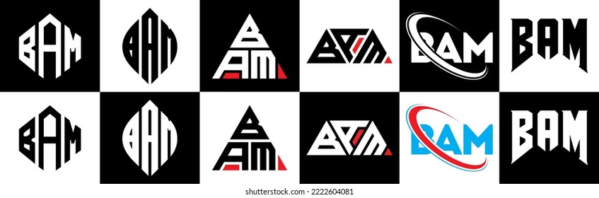 BAM letter logo design in six style. BAM polygon, circle, triangle, hexagon, flat and simple style with black and white color variation letter logo set in one artboard. BAM minimalist and classic logo