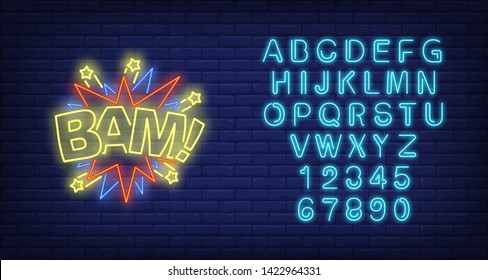 Bam lettering neon sign. Word with bang shapes and stars on brick wall background. Vector illustration in neon style for billboards, banners, party invitation
