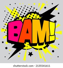 BAM rainbow text. Explosion effect, blast comic word, boom lettering, BAM print, colorful surprise pop art vector illustration
