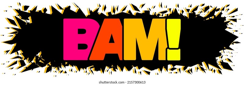 BAM rainbow text on black explosion background. Blast comic word, BAM! lettering, bang print, colorful pop art vector illustration