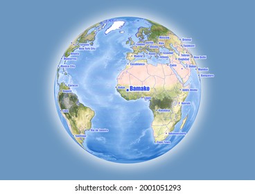 Bamako-Mali se muestra en el mapa del globo vectorial. El mapa muestra la ubicación de Bamako-Mali en el mundo.
