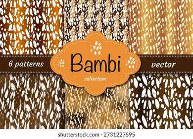 Bambi seamless pattern collection with dots, polka dots, and animal print. Trendy vector set for fabric, wrapping paper, and clothing designs.