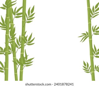 Bambus-Hintergrund. Cartoon asiatische Bambuswälder mit Ästen und Blättern, chinesische oder japanische Flora flache Vektorhintergrund-Illustration. Grünes Bambus-Sprossen-Muster