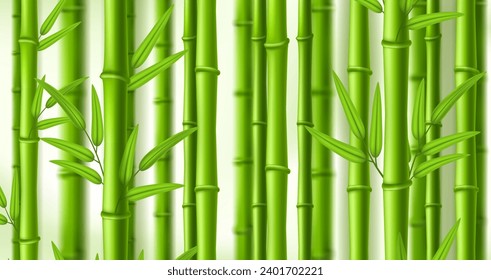 Bamboo background. Lush bamboo zen grove, natural green stems wall with leaves vector illustration backdrop of bamboo tropical foliage