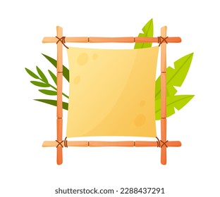Concepto de marco de banner de bambú. Guía exótica en forma cuadrada con hojas de palma. Lugar para el texto y la presentación. Navegación y dirección. Dibujo vectorial plano de dibujos animados