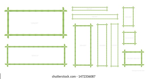 Bamboo banner frame set. All sizes. Green bamboo stalk. Square rectangle, long and short, wide formats. Vector color clipart.