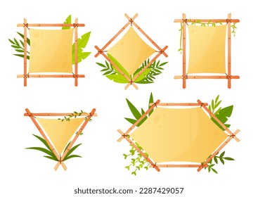 Bamboo banner frame set. Collection of plates, signs and places for text. Nature, wild life and flora. Navigation and path, signboard. Cartoon flat vector illustrations isolated on white background