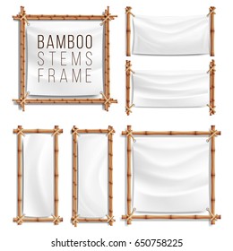 Bamboo Banner Frame Set Vector. Bamboo With Canvas. Wooden Frame Of  Sticks Swathed In Rope. Japanese Backdrop Template Illustration