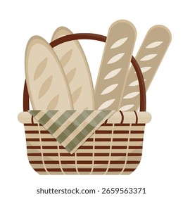 Cesta de bambú con pan y toalla de mano verde