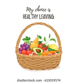 Bamboo basket with natural and organic food. Grocery basket with vegetables and fruits isolated on white background. Shopping in a market. Healthy living concept.
