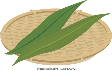 The bamboo basket on which the ingredients are heaped and leaf of bamboo grass