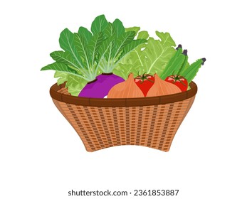 Bamboo basket of vegetables on a white background.