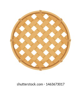 bamboo basket weave brown in top view isolated on white background, empty basket weave bamboo or sieve wicker handmade brown, handicraft braided basket round shape, bamboo sieve basketry circle