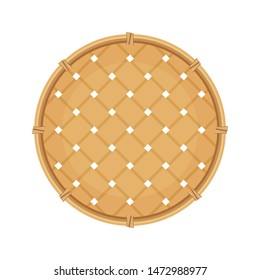 bamboo basket weave brown in top view isolated on white background, empty basket weave bamboo or sieve wicker handmade brown, handicraft braided basket round shape, bamboo sieve basketry circle