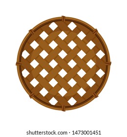 bamboo basket weave brown in top view isolated on white background, empty basket weave bamboo or sieve wicker handmade dark brown, handicraft braided basket round shape, bamboo sieve basketry circle