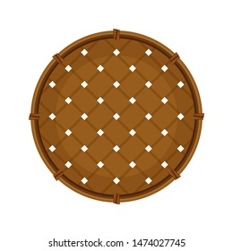 bamboo basket weave brown in top view isolated on white background, empty basket weave bamboo or sieve wicker handmade dark brown, handicraft braided basket round shape, bamboo sieve basketry circle