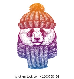 Bamboo bear, panda. Ski, skier animal wearing woolen knitted hat. Christmas time. Cartoon character for little children. Kids print for shirts. Nursery decor.