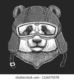 Bamboo bear. Panda. Vintage motorcycle hemlet. Retro style illustration with animal biker for children, kids clothing, t-shirts. Fashion print with cool character. Speed and freedom.